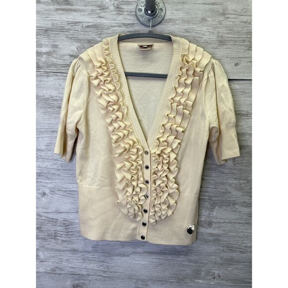 Karen Millen Sweater 4 Womens Short Sleeve V Neck Ruffle Wool Cardigan - Picture 1 of 10